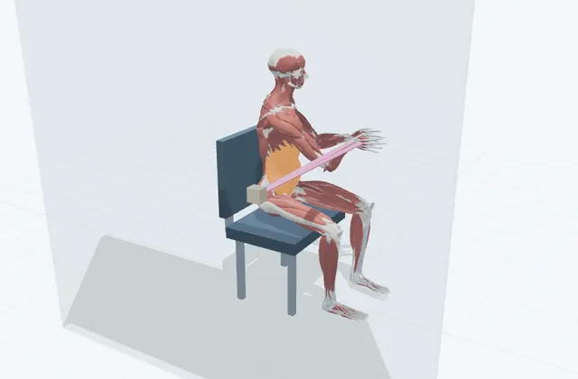 脇腹のチューブトレーニング(座ってひねる)の動作の一場面を示す3D模式図