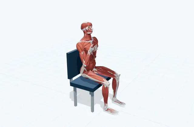 首の前のストレッチ(鎖骨を押さえて)の動作の一場面を示す3D模式図