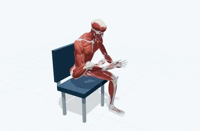 足の裏と足指のストレッチ(椅子)の動作の一場面を示す3D模式図